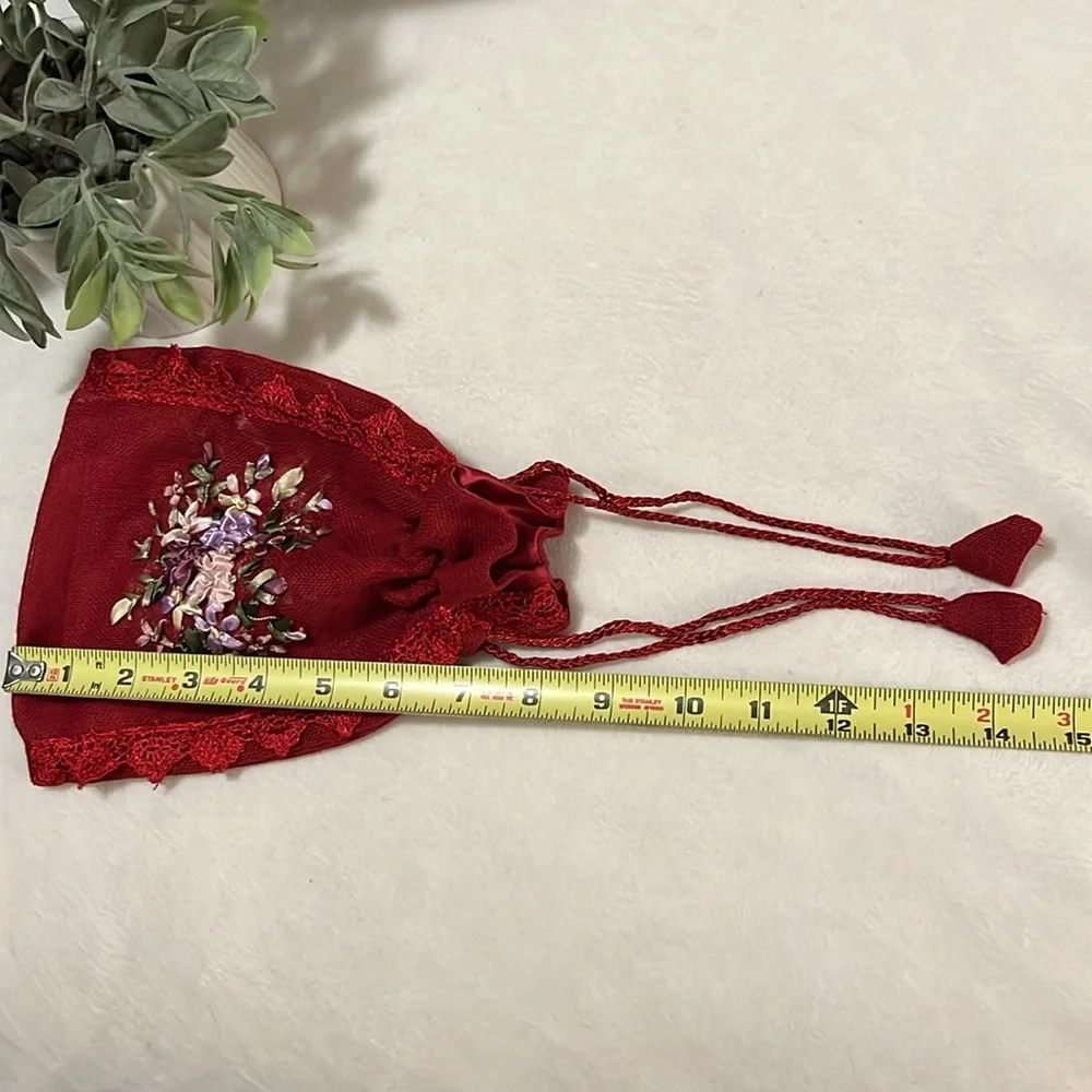 Sheer Red Satin Lined Ribbon Flowers Lace Wristlet Pouch